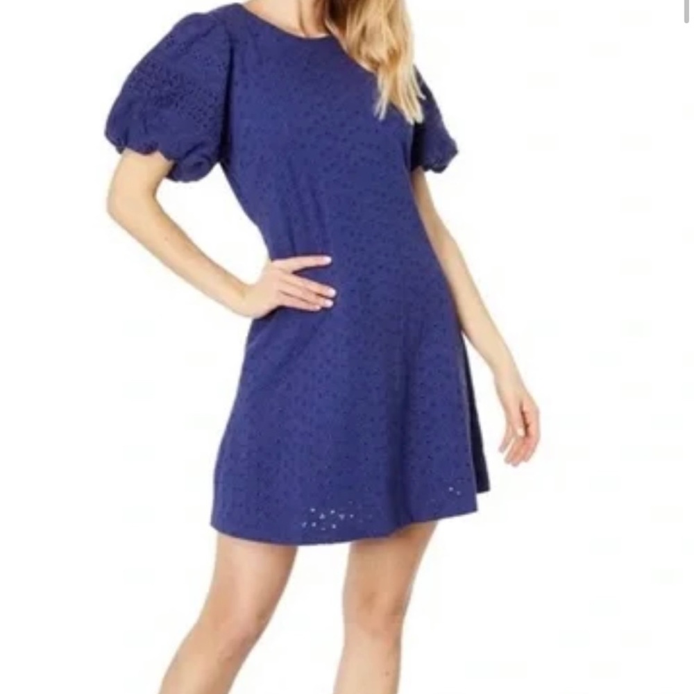 Free People Apricot Rose Puff Sleeve Eyelet Dress in Navy Size Large New